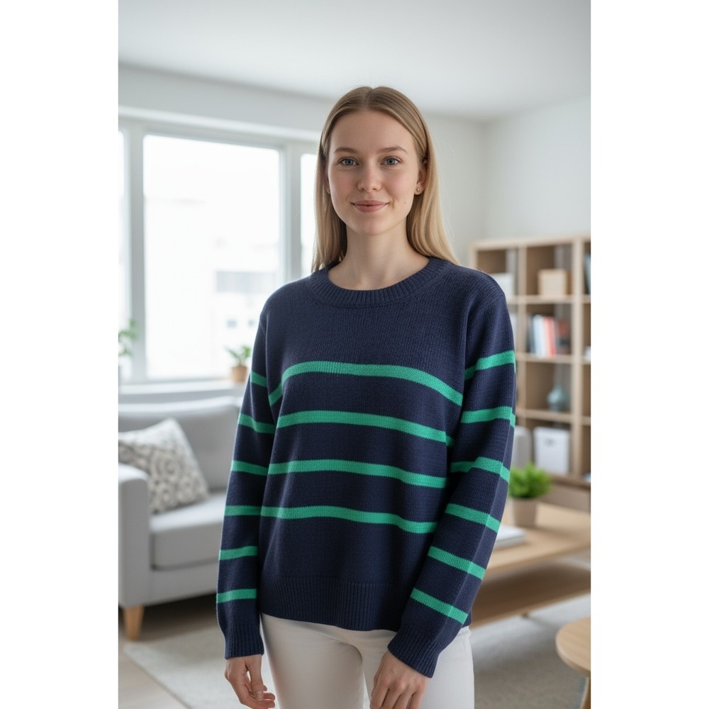 Gap Sweater Womens XXL Navy Green Striped Cotton Knit Crewneck Pullover New